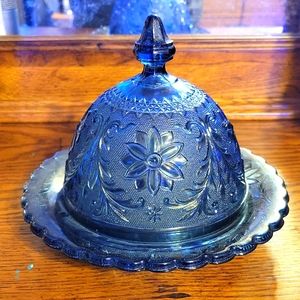 VINTAGE TIARA SANDWICH GLASS BI-CENTENNIAL BLUE COVERED DOMED BUTTER DISH NWT